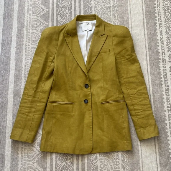 Tibi Bonded Wesson Linen Sculpted-Sleeve Blazer in Tan Ochre